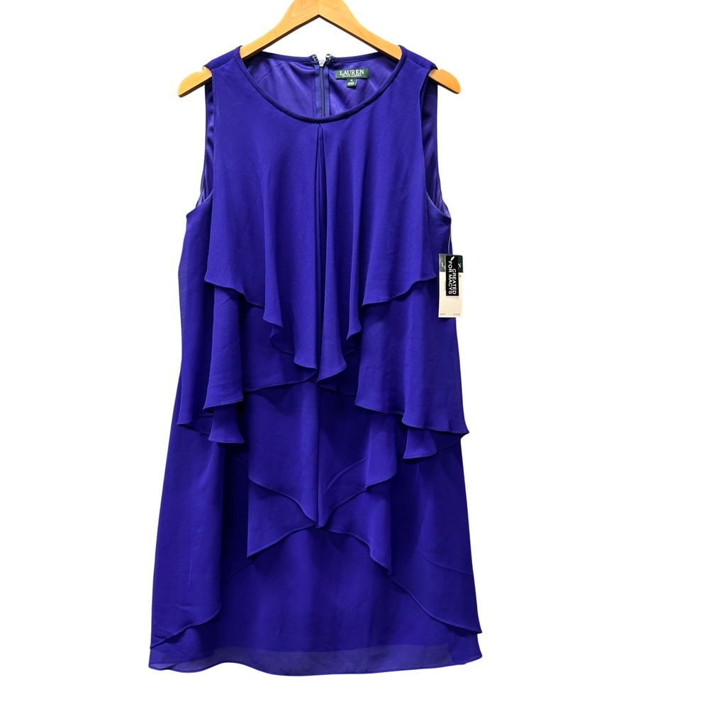 Lauren Ralph Lauren Dress Womens 16 Tiered Ruffle Royal Blue Cocktail NEW